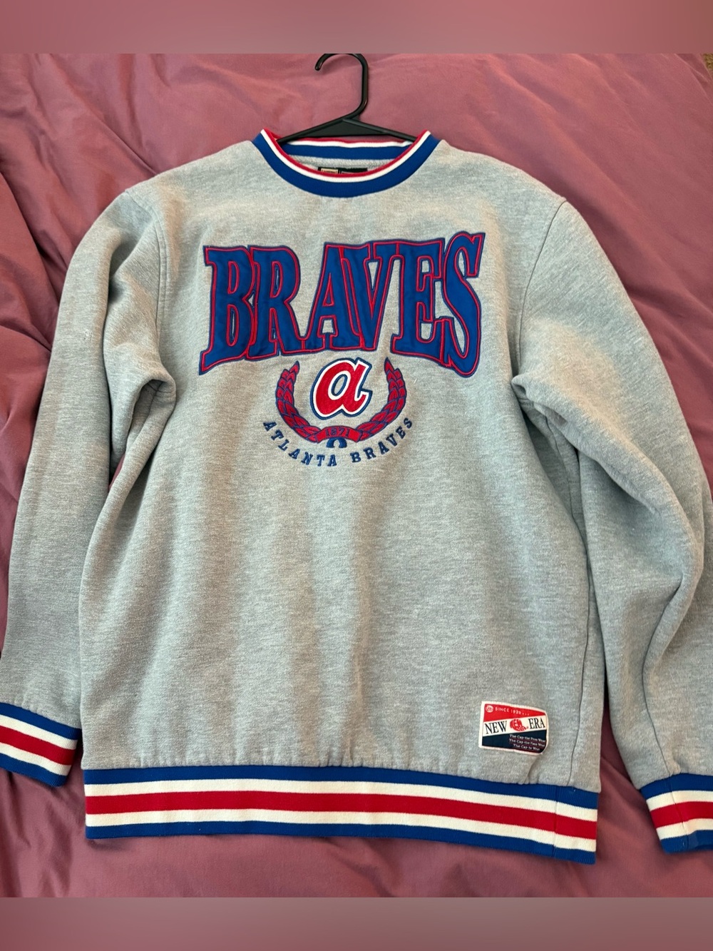 New Era Atlanta Braves Light Gray Crewneck with Red & Blue Lettering
